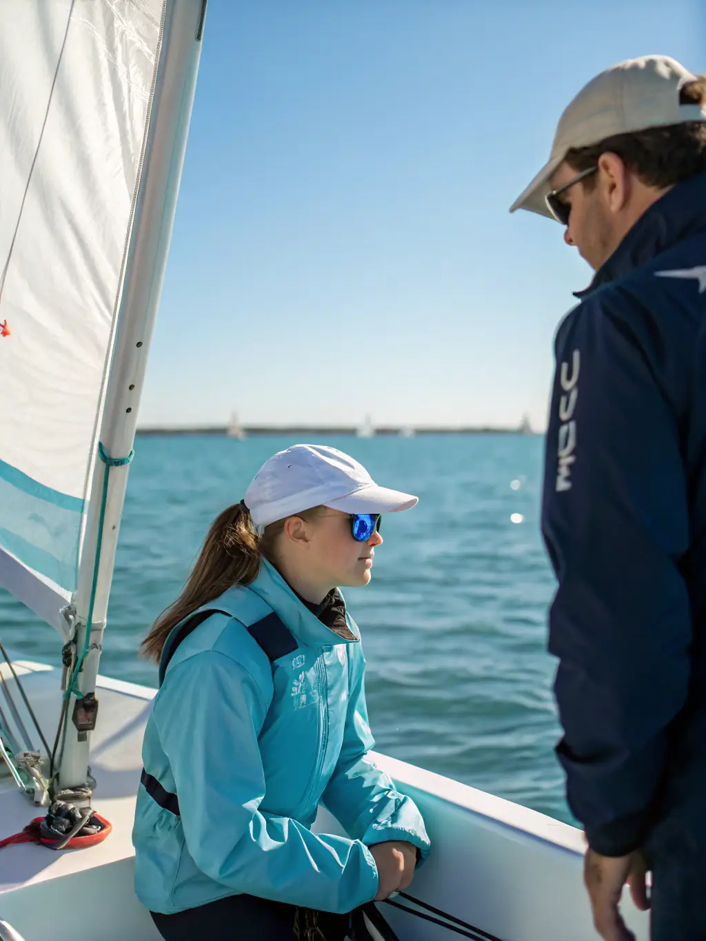 A picture of a sailing training session in progress, with an instructor providing guidance to members on boat handling and safety.