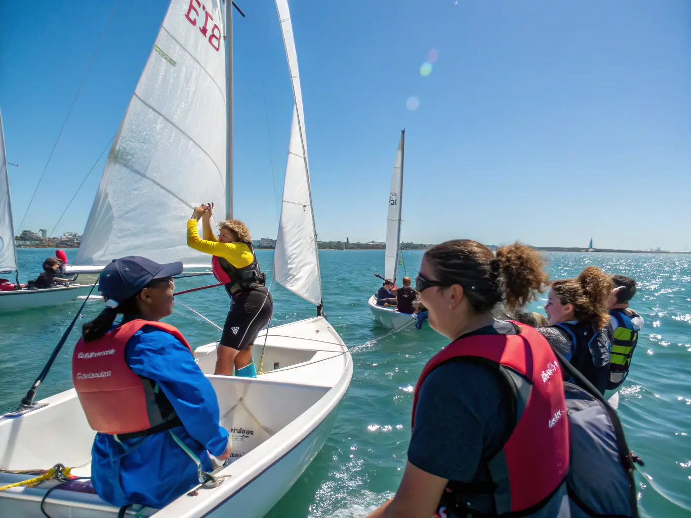 A vibrant image depicting a group of beginners learning basic sailing techniques on a small sailboat, with an experienced instructor guiding them. The scene is set on a sunny day at the TVL club, showcasing the supportive learning environment.