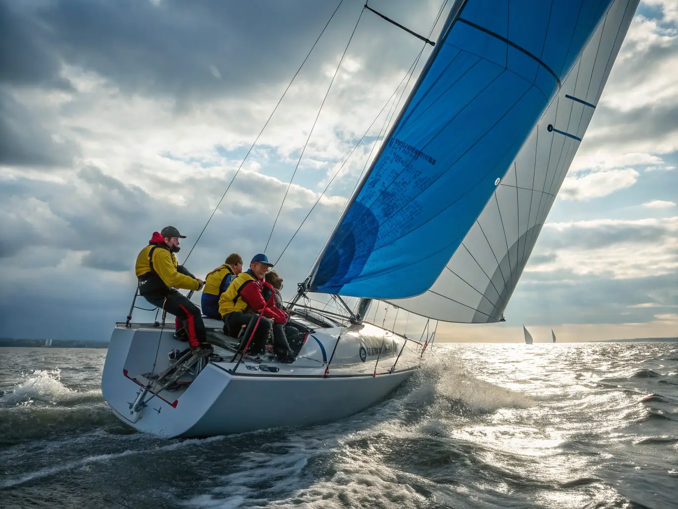 An action shot of a competitive sailing race, with multiple sailboats maneuvering around buoys under windy conditions. The TVL club logo is visible on the sails, highlighting the club's participation in competitive events.